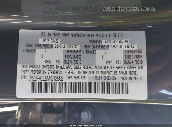 3MZBPADL9NM312902 2022 MAZDA 3 Gray Widok komory silnika