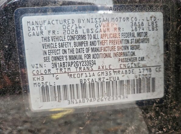 3N1AB7AP2GY233934 2016 NISSAN SENTRA Черный Вид наклейки с VIN-кодом