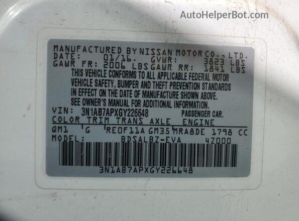 3N1AB7APXGY226648 2016 NISSAN SENTRA Белый Вид наклейки с VIN-кодом