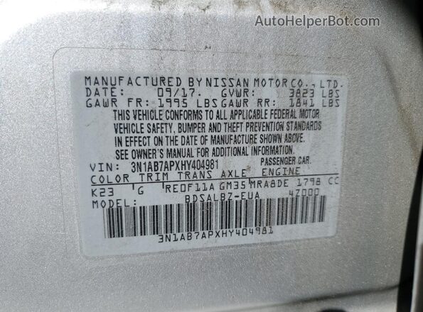 3N1AB7APXHY404981 2017 NISSAN SENTRA Серебряный Вид подкапотного пространства