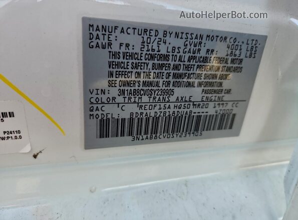 3N1AB8CV0SY239905 2025 NISSAN SENTRA White Widok naklejki z numerem VIN