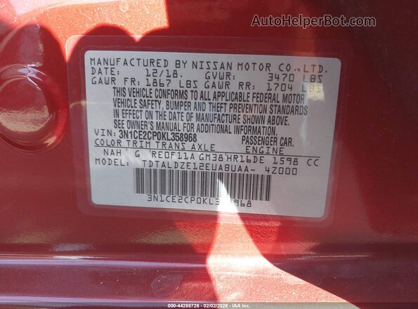 3N1CE2CP0KL358968 2019 NISSAN VERSA NOTE Красный Вид подкапотного пространства