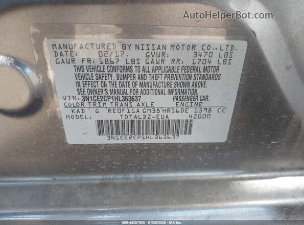 3N1CE2CP1HL363637 2017 NISSAN VERSA NOTE Серый Вид подкапотного пространства