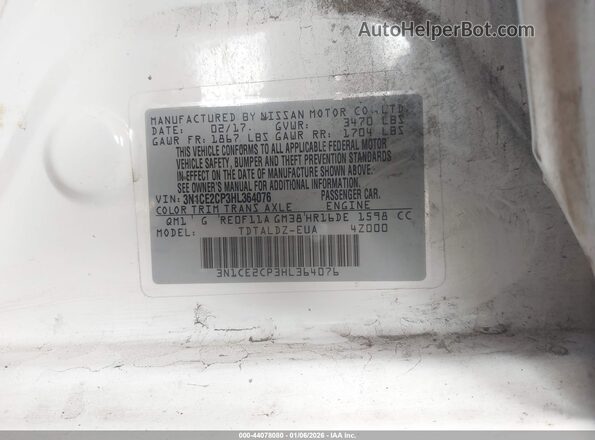 3N1CE2CP3HL364076 2017 NISSAN VERSA NOTE Белый Вид подкапотного пространства