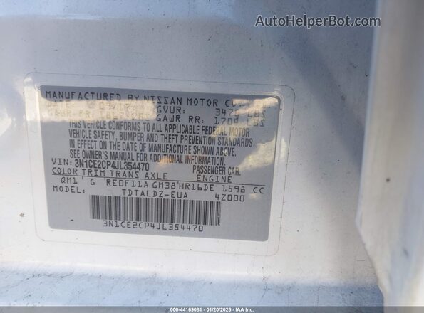 3N1CE2CP4JL354470 2018 NISSAN VERSA NOTE White Widok komory silnika