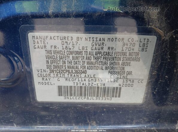 3N1CE2CP8JL353340 2018 NISSAN VERSA NOTE Синий Вид подкапотного пространства