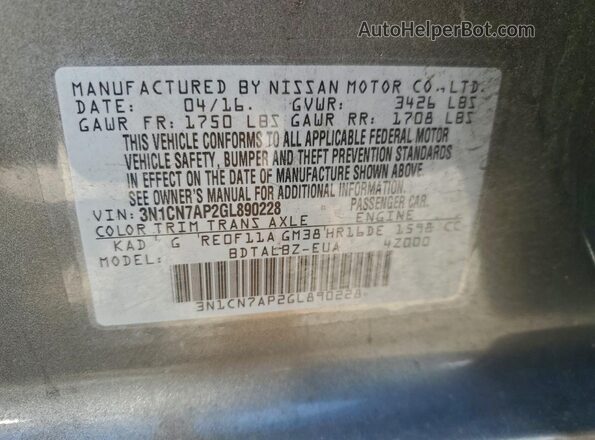 3N1CN7AP2GL890228 2016 NISSAN VERSA Серый Вид наклейки с VIN-кодом