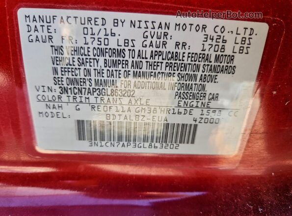 3N1CN7AP3GL863202 2016 NISSAN VERSA Красный Вид наклейки с VIN-кодом
