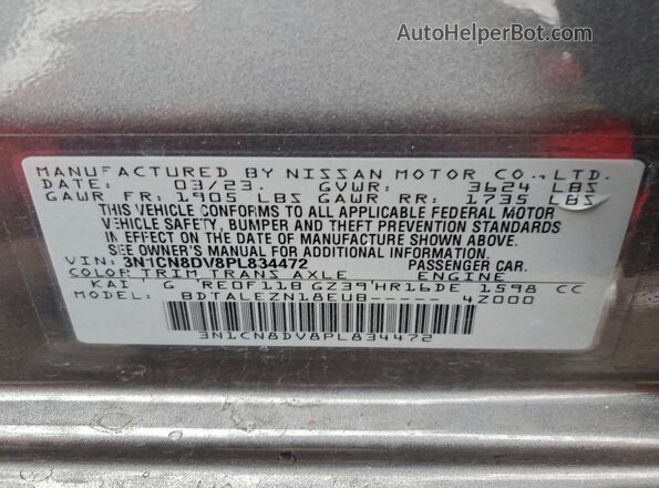 3N1CN8DV8PL834472 2023 NISSAN VERSA Серый Вид наклейки с VIN-кодом