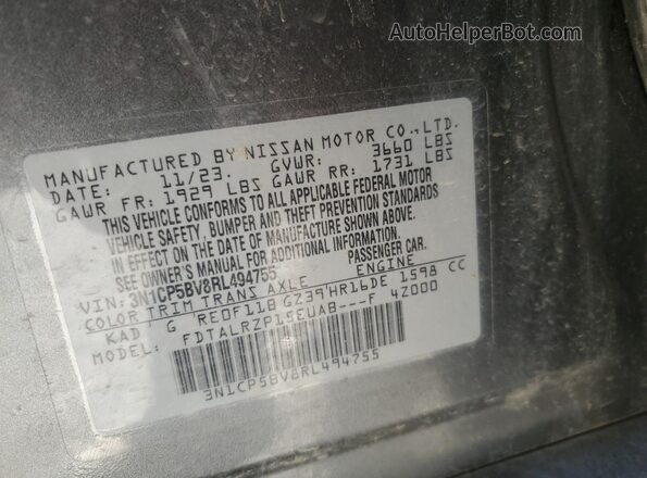 3N1CP5BV8RL494755 2024 NISSAN KICKS Gray VIN կոդի պիտակի տեսք