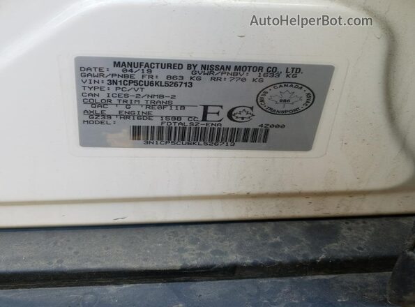 3N1CP5CU6KL526713 2019 NISSAN KICKS White VIN sticker view