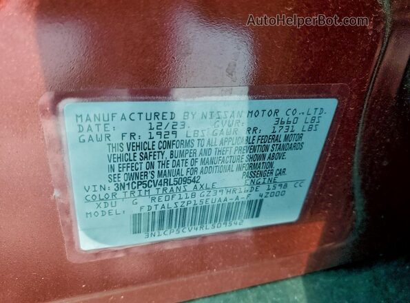 3N1CP5CV4RL509542 2024 NISSAN KICKS Red Widok naklejki z numerem VIN