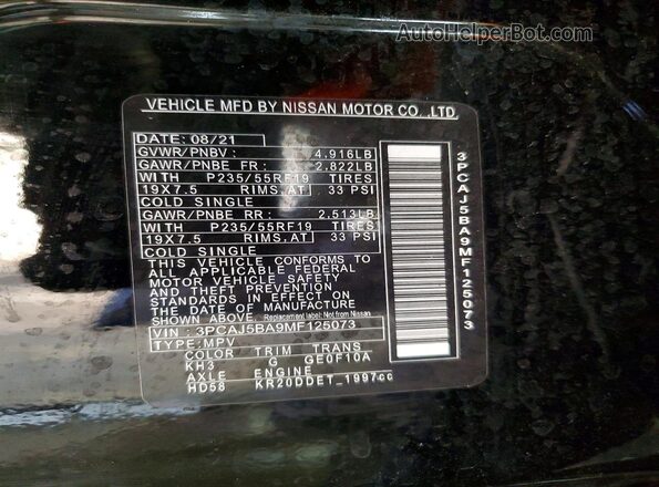 3PCAJ5BA9MF125073 2021 INFINITI QX50 Black VIN კოდის სტიკერის ხედი