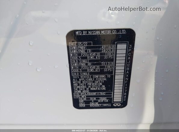 3PCAJ5BAXNF117842 2022 INFINITI QX50 White Vista del compartimento del motor