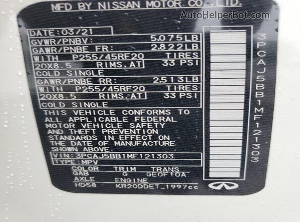3PCAJ5BB1MF121303 2021 INFINITI QX50 Белый Вид наклейки с VIN-кодом