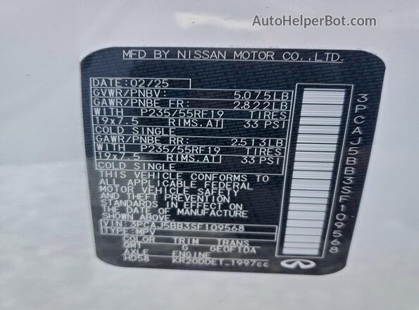 3PCAJ5BB3SF109568 2025 INFINITI QX50 White Widok naklejki z numerem VIN