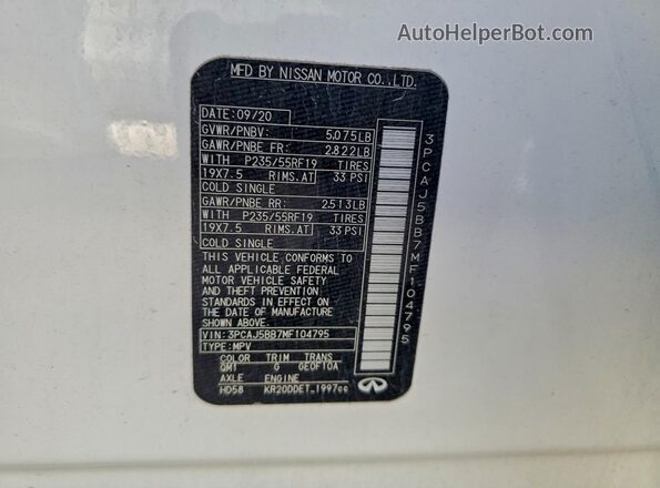 3PCAJ5BB7MF104795 2021 INFINITI QX50 White VIN կոդի պիտակի տեսք
