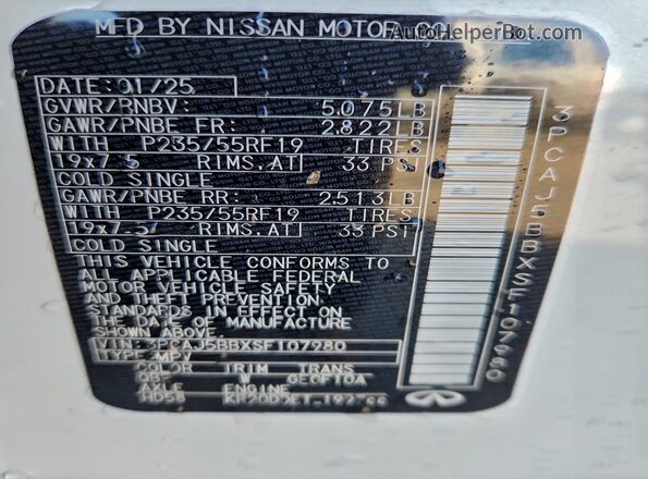 3PCAJ5BBXSF107980 2025 INFINITI QX50 White Widok naklejki z numerem VIN