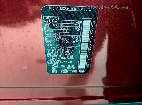 3PCAJ5FA2PF113085 2023 INFINITI QX50 Red VIN կոդի պիտակի տեսք