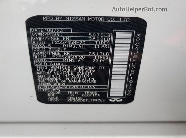 3PCAJ5FB2RF101126 2024 INFINITI QX50 White Vista de la etiqueta del VIN