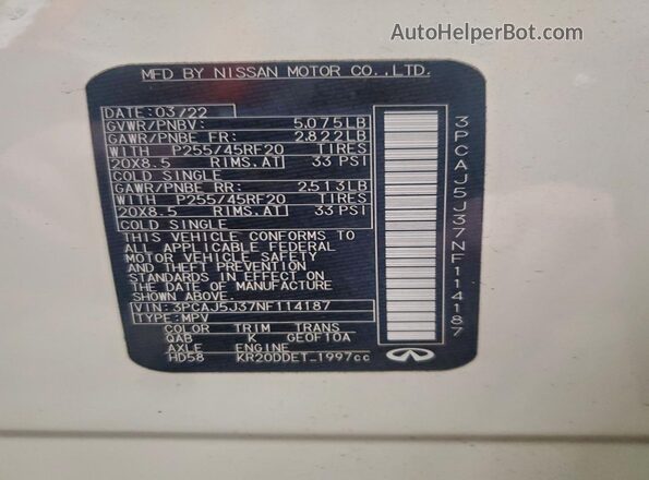 3PCAJ5J37NF114187 2022 INFINITI QX55 Белый Вид наклейки с VIN-кодом