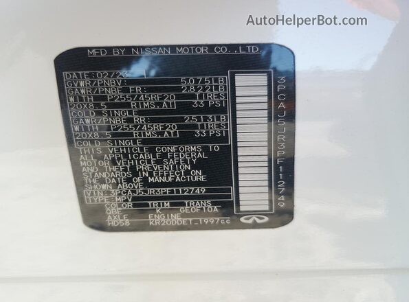 3PCAJ5JR3PF112749 2023 INFINITI QX55 White VIN sticker view