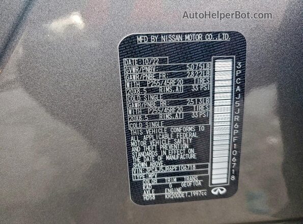 3PCAJ5JR6PF106718 2023 INFINITI QX55 Gray Вид наклейки з VIN-кодом