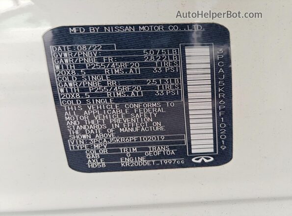 3PCAJ5KR6PF102019 2023 INFINITI QX55 White Vista de la etiqueta del VIN