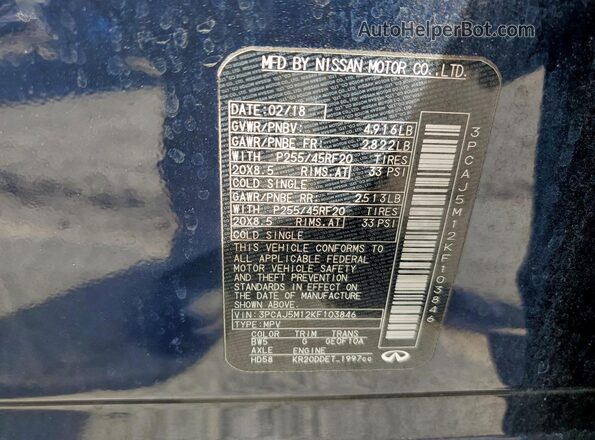 3PCAJ5M12KF103846 2019 INFINITI QX50 Blue Widok wnętrza 360 stopni