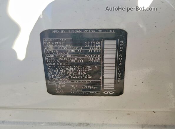3PCAJ5M13LF109821 2020 INFINITI QX50 White Vista interior de 360 grados