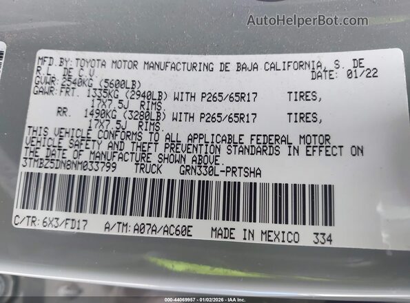 3TMBZ5DN8NM033799 2022 TOYOTA TACOMA Gray Вид підкапотного простору