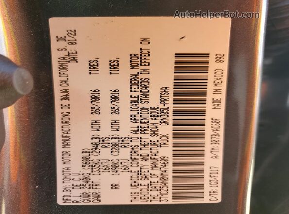 3TMCZ5AN0NM474609 2022 TOYOTA LE Gray Widok naklejki z numerem VIN