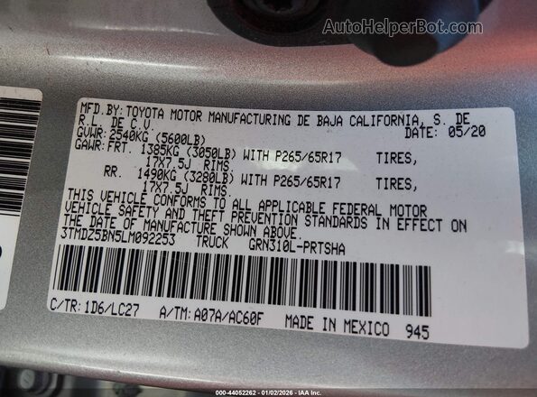 3TMDZ5BN5LM092253 2020 TOYOTA TACOMA 4WD Silver Вид підкапотного простору