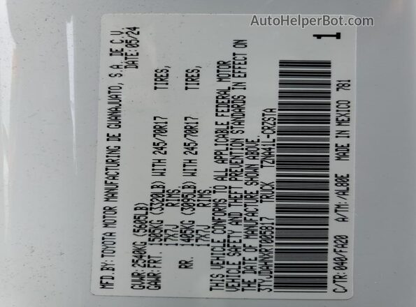 3TYJDAHNXRT005817 2024 TOYOTA TACOMA White Vista del compartimento del motor