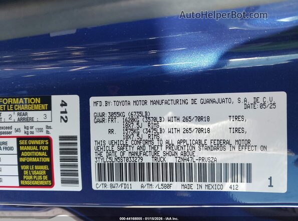 3TYLC5LN5ST033279 2025 TOYOTA TACOMA HYBRID Dark Blue Вид підкапотного простору
