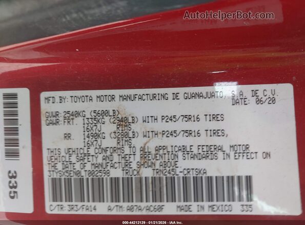 3TYSX5EN0LT002598 2020 TOYOTA TACOMA Red Вид підкапотного простору