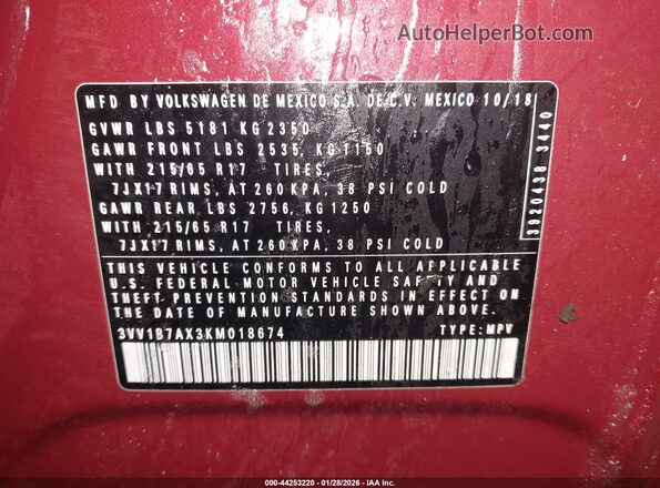 3VV1B7AX3KM018674 2019 VOLKSWAGEN TIGUAN Красный Вид подкапотного пространства