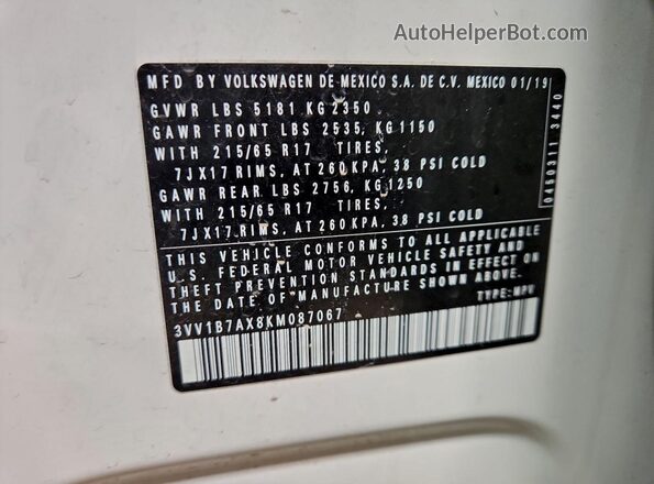 3VV1B7AX8KM087067 2019 VOLKSWAGEN TIGUAN Белый Панорамный вид салона 360°