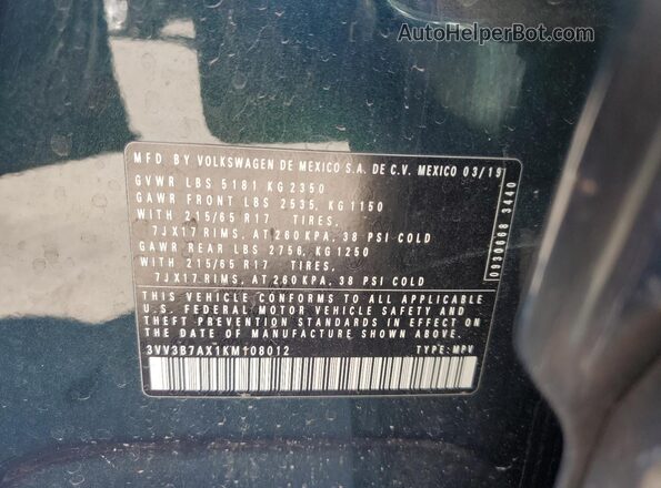 3VV3B7AX1KM108012 2019 VOLKSWAGEN TIGUAN Зеленый Вид подкапотного пространства