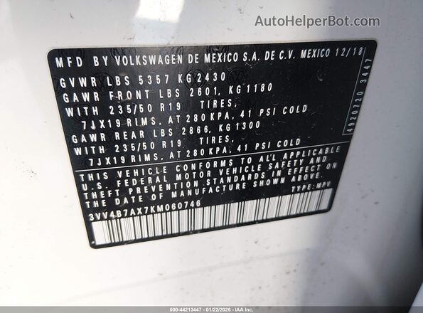 3VV4B7AX7KM060746 2019 VOLKSWAGEN TIGUAN Белый Вид подкапотного пространства