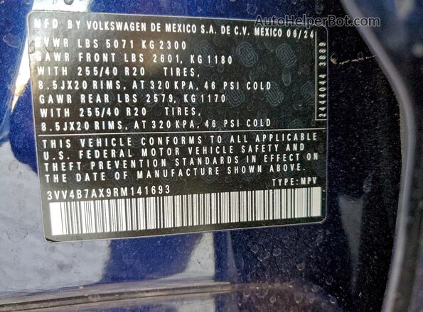3VV4B7AX9RM141693 2024 VOLKSWAGEN TIGUAN Blue Widok naklejki z numerem VIN