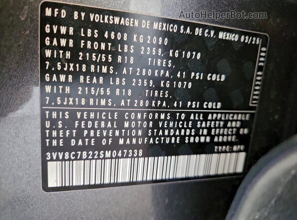3VV8C7B22SM047338 2025 VOLKSWAGEN TAOS Gray Панорамний вид салону 360°