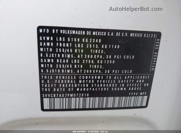 3VVCB7AX7PM072916 2023 VOLKSWAGEN TIGUAN White Շարժիչի բաժամունքի տեսք