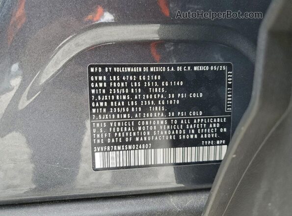 3VVFR7RMXSM024807 2025 VOLKSWAGEN TIGUAN Charcoal Widok naklejki z numerem VIN