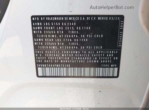 3VVNB7AX4PM075166 2023 VOLKSWAGEN TIGUAN White Вид підкапотного простору