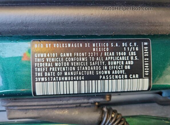 3VW517AT8HM804864 2017 VOLKSWAGEN BEETLE Green VIN კოდის სტიკერის ხედი