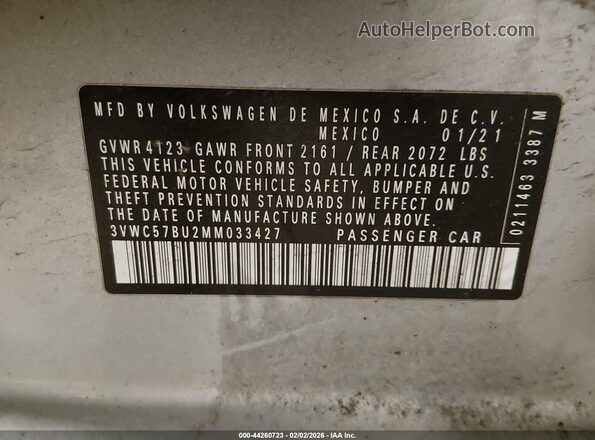 3VWC57BU2MM033427 2021 VOLKSWAGEN JETTA Silver Widok komory silnika