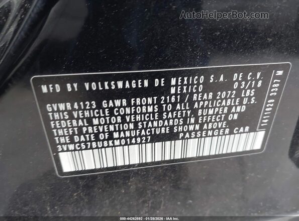 3VWC57BU8KM014927 2019 VOLKSWAGEN JETTA Черный Вид подкапотного пространства