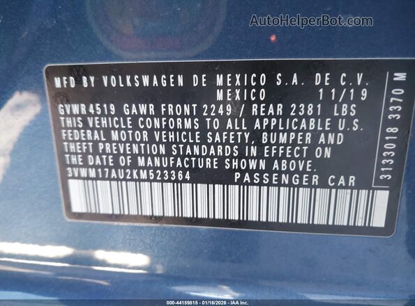 3VWM17AU2KM523364 2019 VOLKSWAGEN GOLF Blue Widok komory silnika
