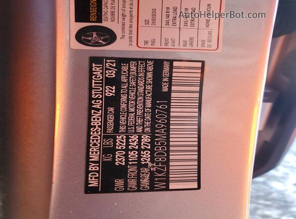 W1KZF8DB5MA960761 2021 MERCEDES-BENZ E Серый Вид наклейки с VIN-кодом